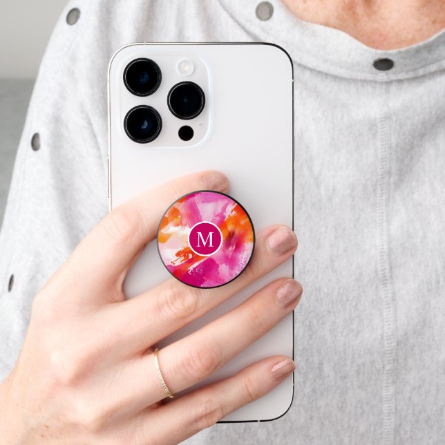 Monogram Watercolor Pink Orange Abstract PopSocket (Hand)