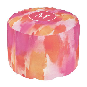 Monogram Watercolor Pink Orange Abstract Pouf