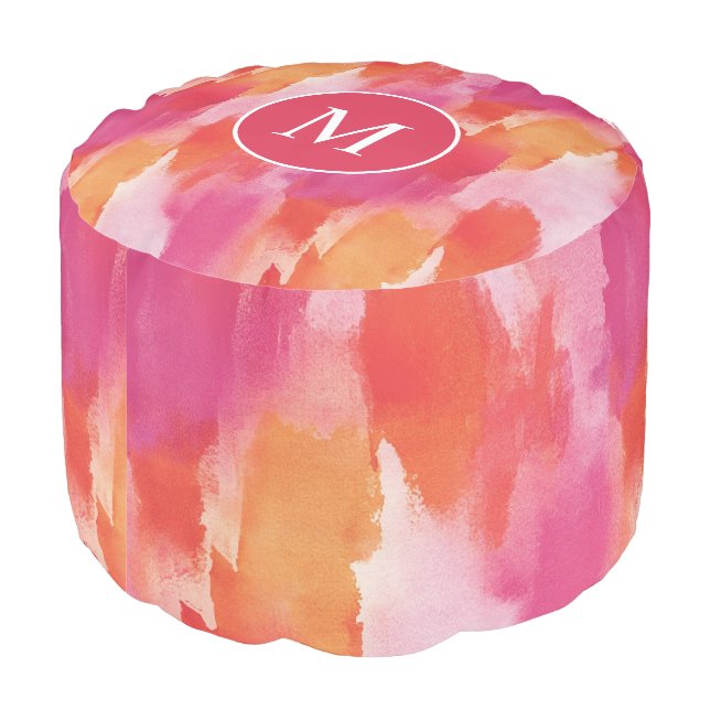 Monogram Watercolor Pink Orange Abstract Pouf (Angled Back)