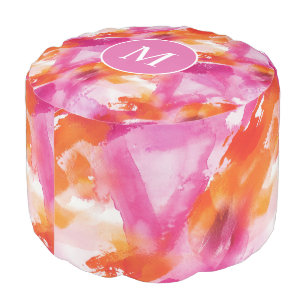 Monogram Watercolor Pink Orange Abstract Pouf