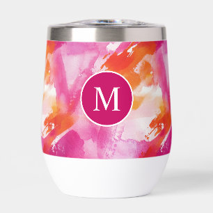 Monogram Watercolor Pink Orange Abstract Thermal Wine Tumbler