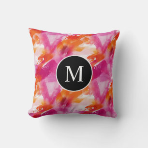 Monogram Watercolor Pink Orange Abstract Throw Pillow