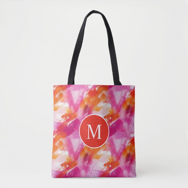 Monogram Watercolor Pink Orange Abstract Tote Bag (Front)