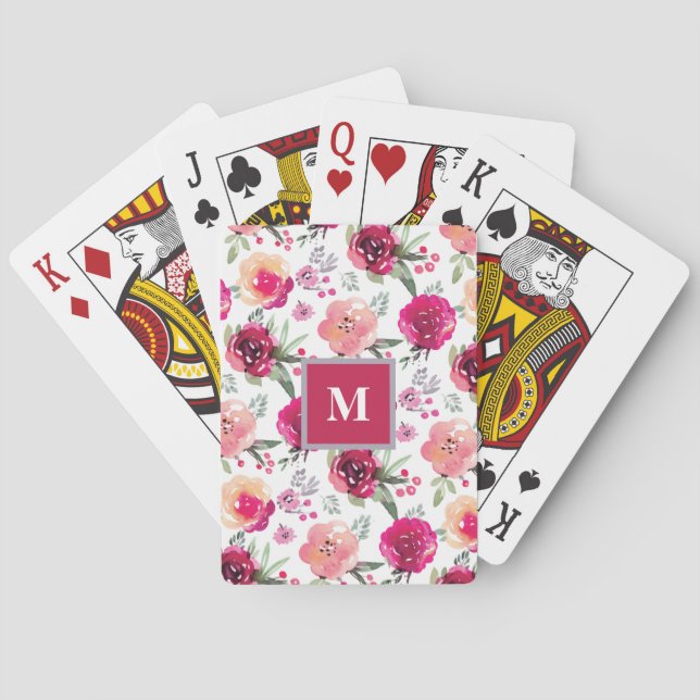 Monogram Watercolor Pink Peach Floral Poker Cards (Back)