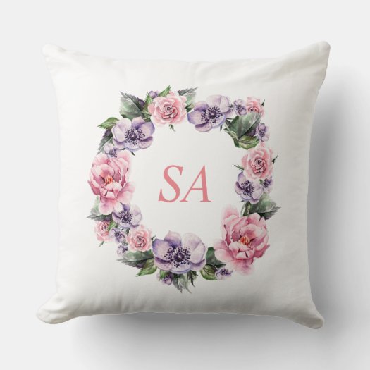 Monogram Watercolor Pink Purple Wreath Floral