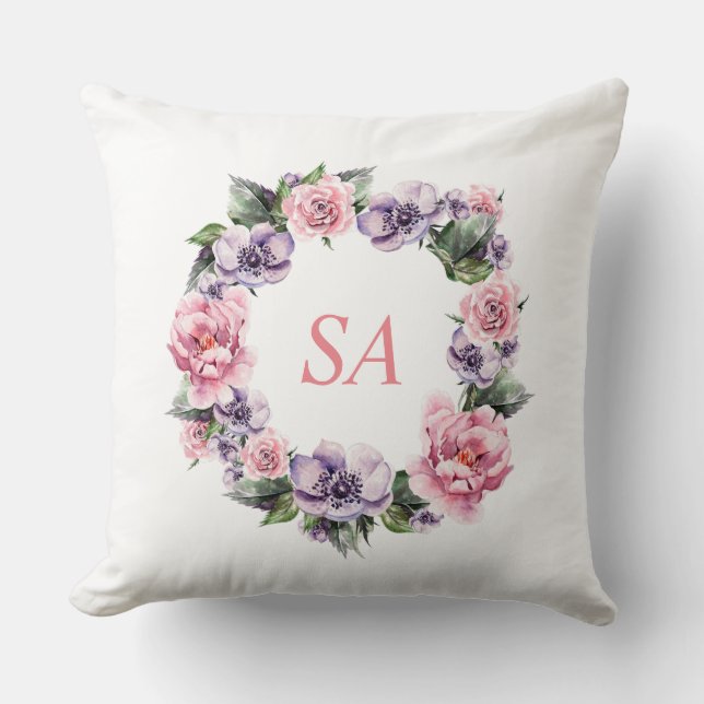 Monogram Watercolor Pink Purple Wreath Floral Throw Pillow (Front)