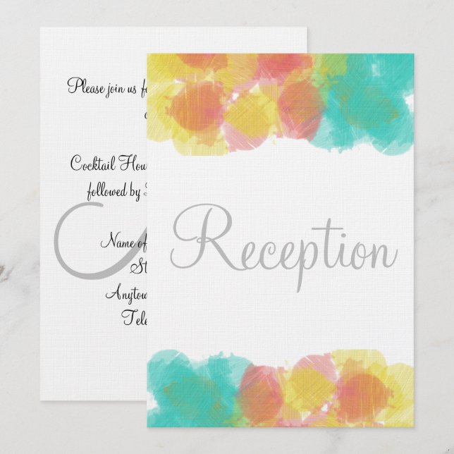Monogram Watercolor Pink Yellow Blue Reception Invitation (Front/Back)