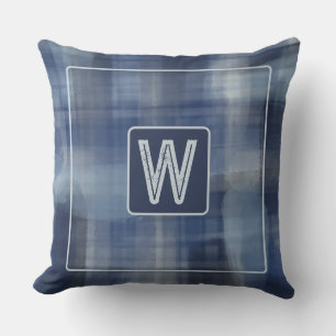 Monogram watercolor plaid blue navy gray tartan  throw pillow