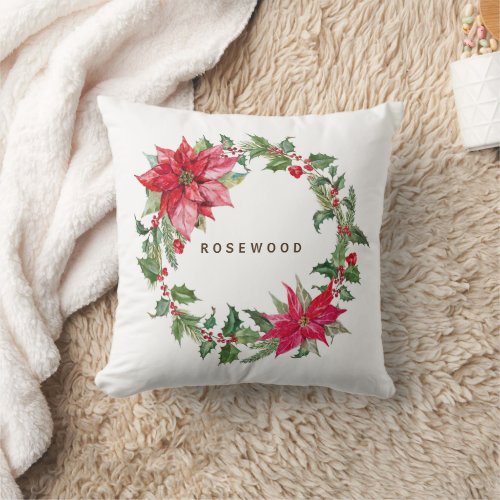 Monogram Watercolor Poinsettia Christmas Wreath Throw Pillow