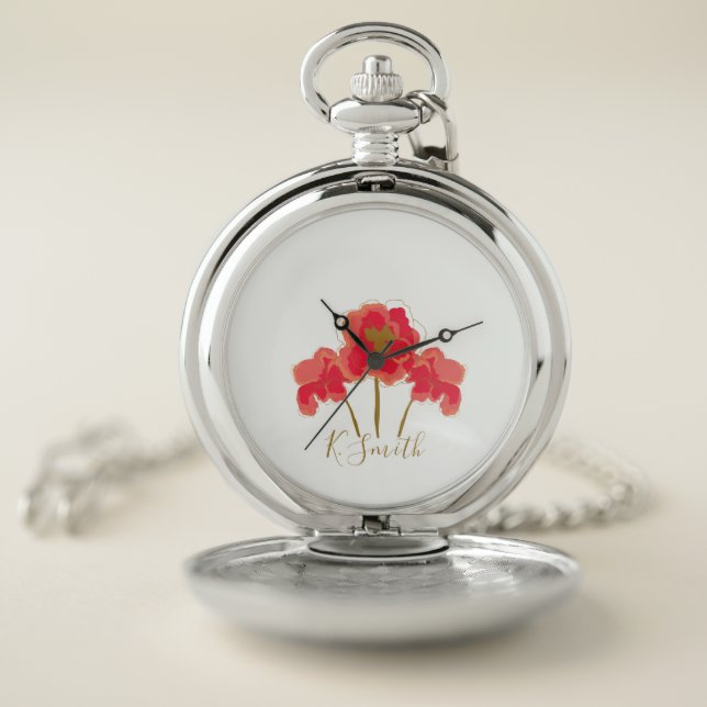 Monogram. Watercolor Poppy Flowers. Pocket Watch (Inside)
