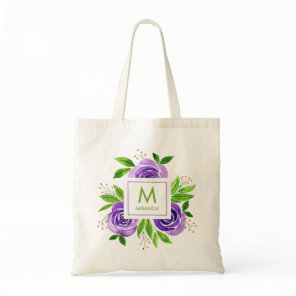 Monogram Watercolor Purple Floral  Tote Bag