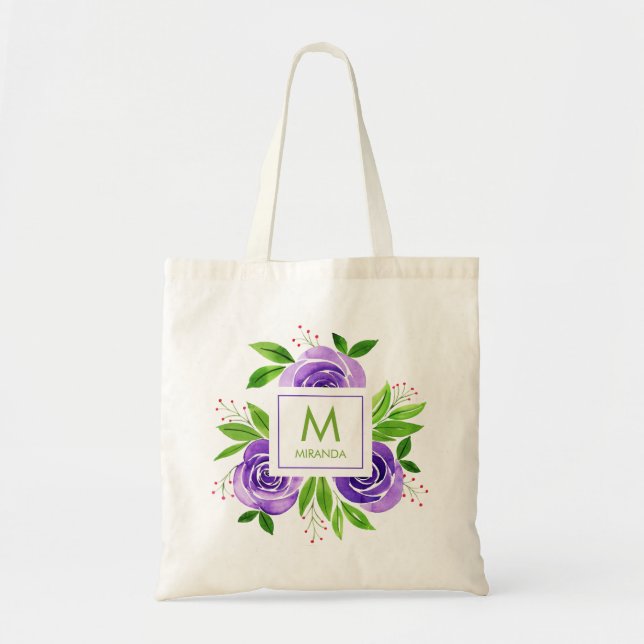 Monogram Watercolor Purple Floral  Tote Bag (Front)