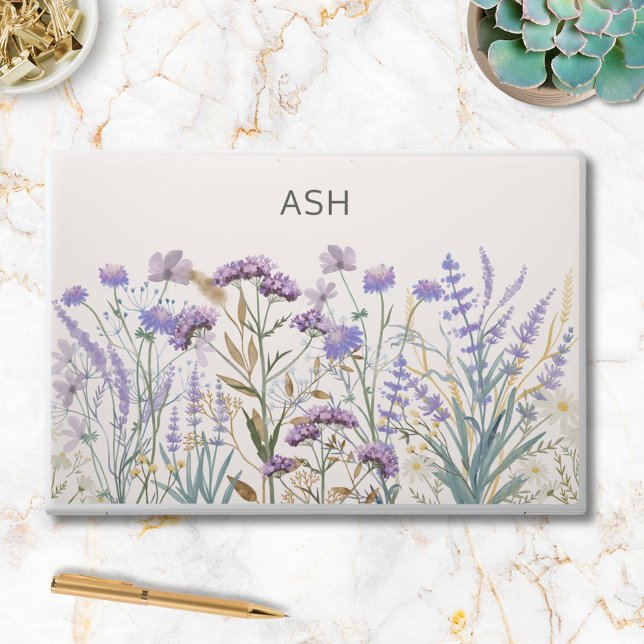 Monogram Watercolor Purple Wildflower Meadow HP Laptop Skin (In situ)