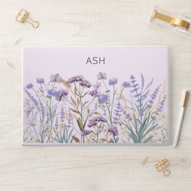 Monogram Watercolor Purple Wildflower Meadow HP Laptop Skin (Desk)