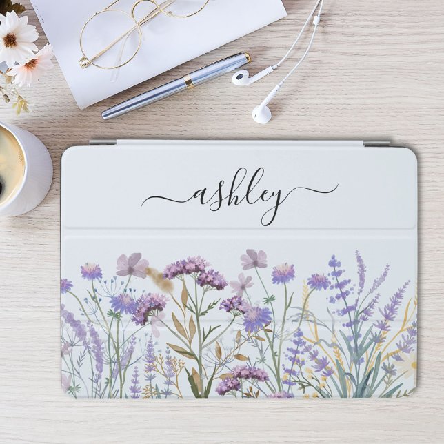 Monogram Watercolor Purple Wildflower Meadow iPad Mini Cover (In situ)
