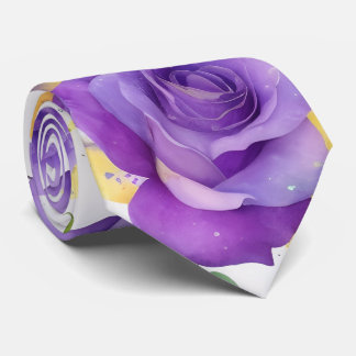 Monogram Watercolor Purple Yellow Rose Neck Tie