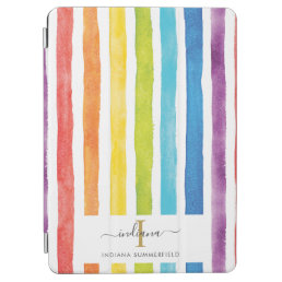 Monogram Watercolor Rainbow Colorful Stripes Name iPad Air Cover