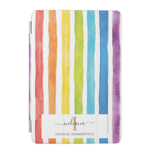 Monogram Watercolor Rainbow Colorful Stripes Name iPad Mini Cover