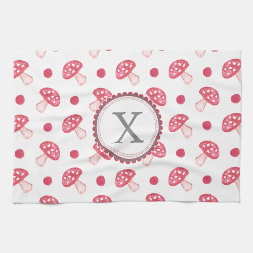 monogram watercolor red mushrooms towel