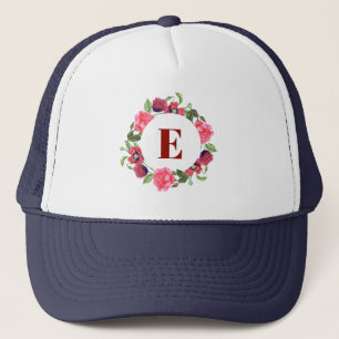 Monogram Watercolor Red & Pink Flowers Wreath Trucker Hat