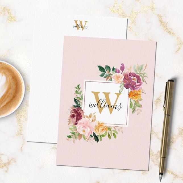 Monogram Watercolor Roses Gold Flower Floral Note Card (In situ)