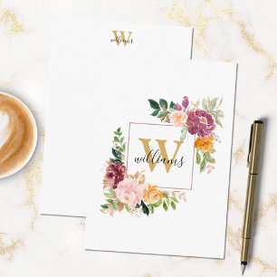 Monogram Watercolor Roses Gold Flower Floral Note Card