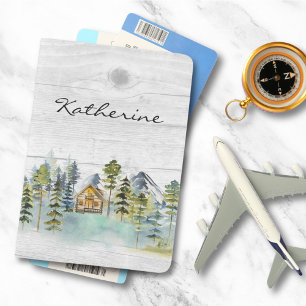 Monogram Watercolor Rustic Forest Mountain Cabin Passport Holder