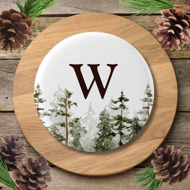 Monogram Watercolor Rustic Green Forest Button (In situ)