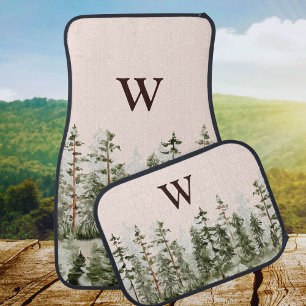 Monogram Watercolor Rustic Green Forest Car Floor Mat