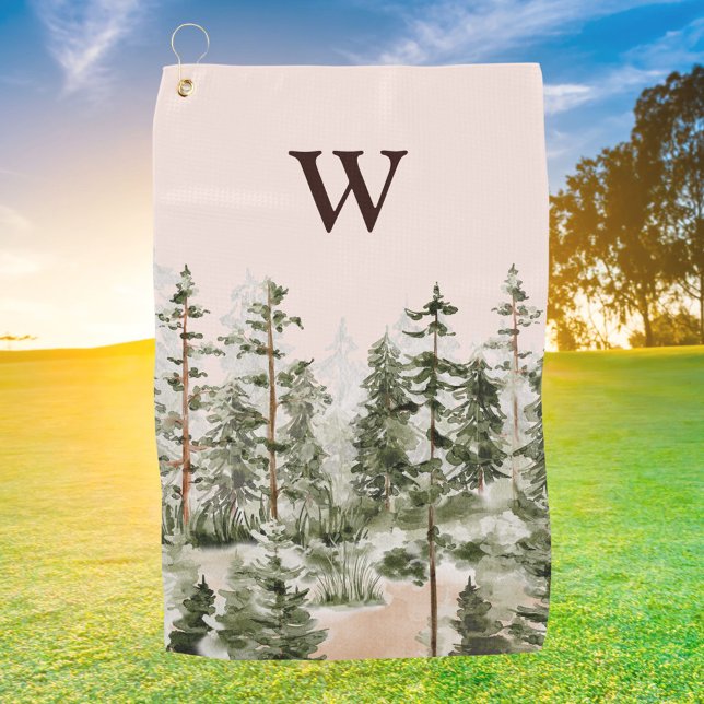 Monogram Watercolor Rustic Green Forest Golf Towel (In situ)