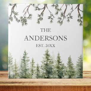 Monogram Watercolor Rustic Pine Trees and Branches Ceramic Tile