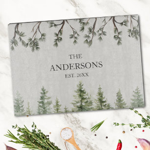 Monogram Watercolor Rustic Pine Trees and Branches Cutting Board