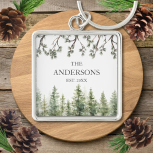 Monogram Watercolor Rustic Pine Trees and Branches Keychain