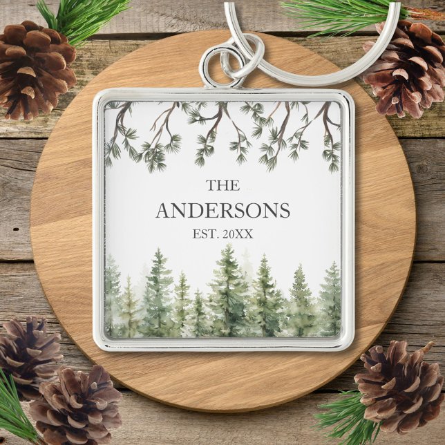 Monogram Watercolor Rustic Pine Trees and Branches Keychain (In situ)