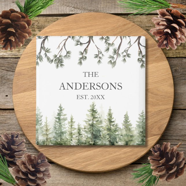 Monogram Watercolor Rustic Pine Trees and Branches Magnet (In situ)