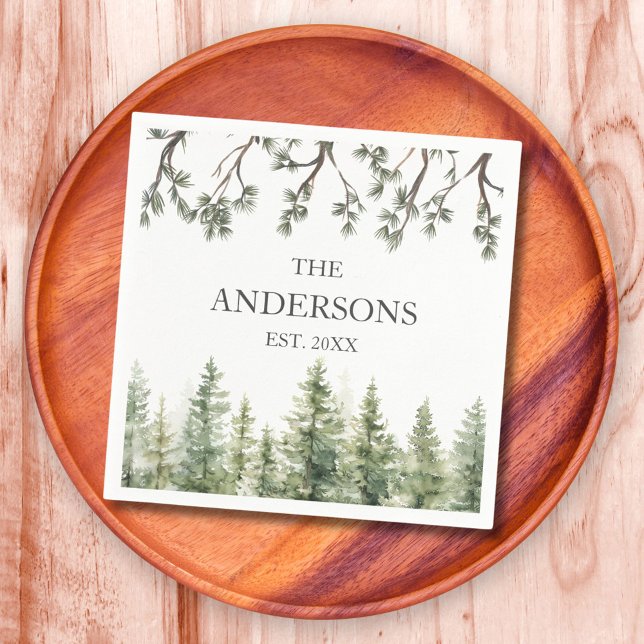 Monogram Watercolor Rustic Pine Trees and Branches Napkins (In situ)