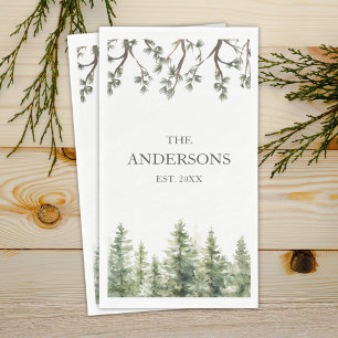 Monogram Watercolor Rustic Pine Trees and Branches Paper Guest Towels