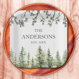 Monogram Watercolor Rustic Pine Trees and Branches Paper Plates