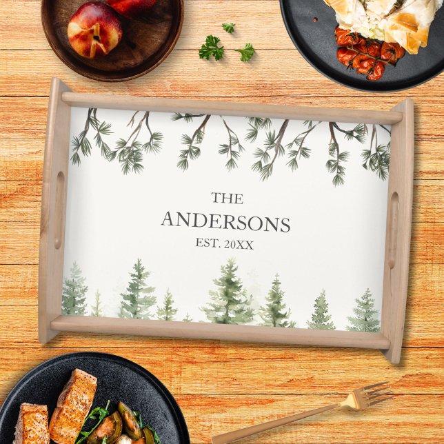 Monogram Watercolor Rustic Pine Trees and Branches Serving Tray (In situ)
