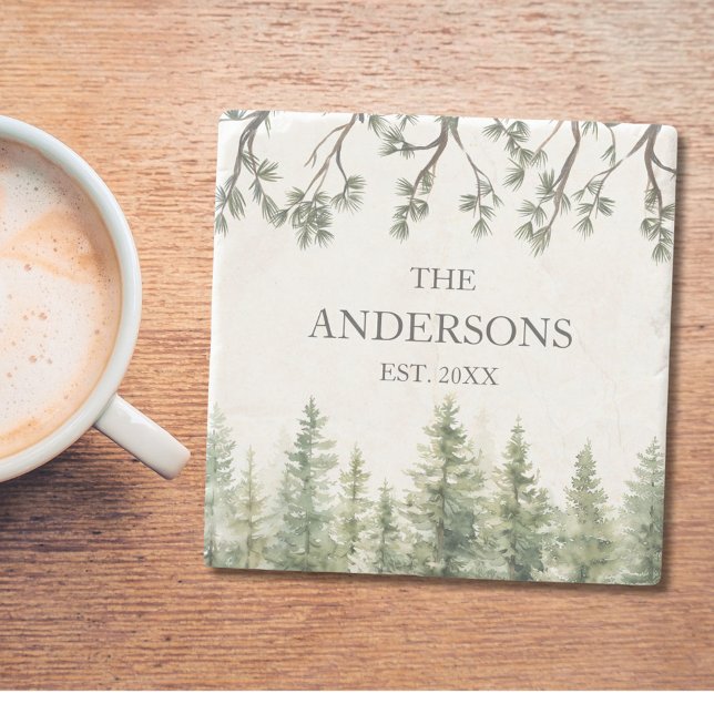 Monogram Watercolor Rustic Pine Trees and Branches Stone Coaster (In situ)