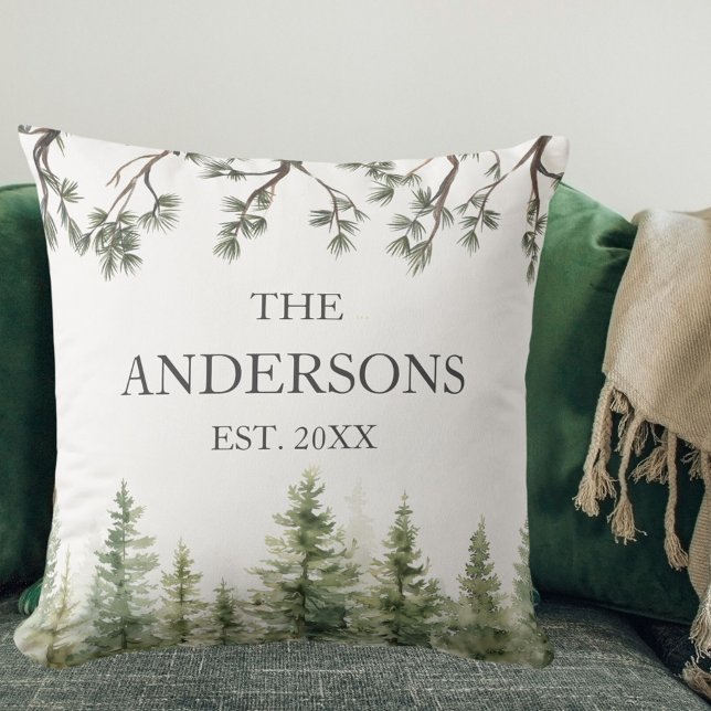 Monogram Watercolor Rustic Pine Trees and Branches Throw Pillow (In situ)