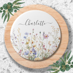 Monogram Watercolor Rustic Pretty Wildflower Field Button