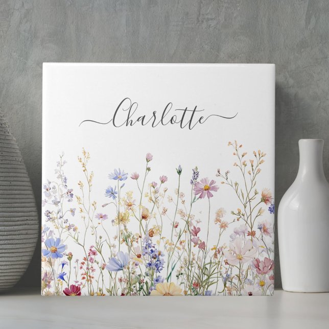 Monogram Watercolor Rustic Pretty Wildflower Field Ceramic Tile (In situ)