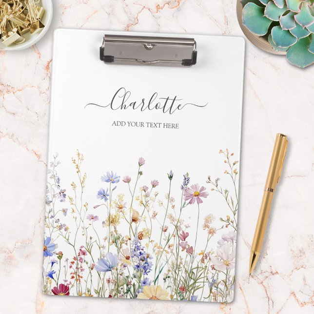 Monogram Watercolor Rustic Pretty Wildflower Field Clipboard (In situ)