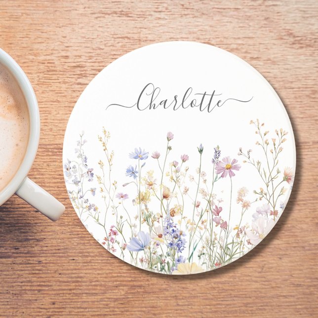 Monogram Watercolor Rustic Pretty Wildflower Field Coaster (In situ)