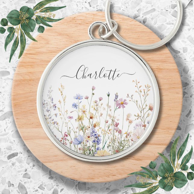 Monogram Watercolor Rustic Pretty Wildflower Field Keychain (In situ)