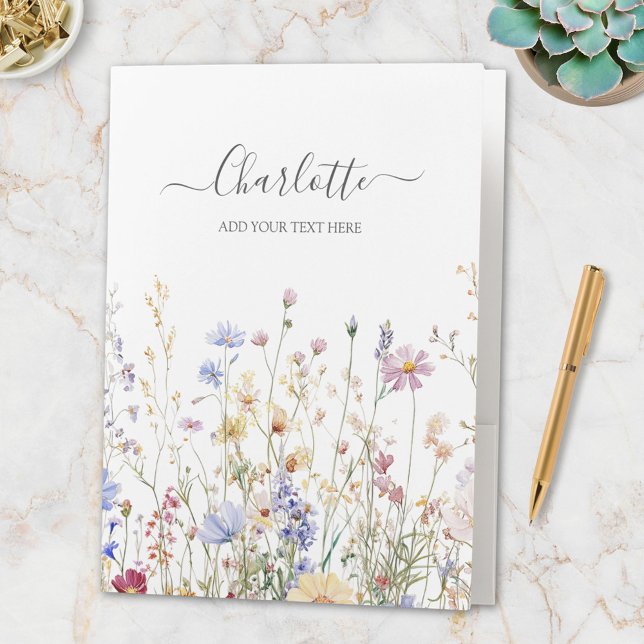 Monogram Watercolor Rustic Pretty Wildflower Field Pocket Folder (In situ)
