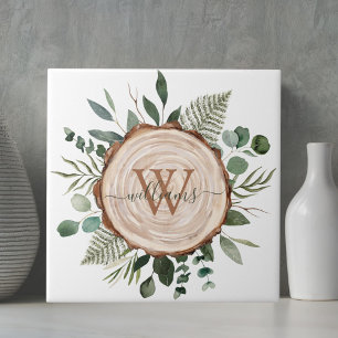 Monogram Watercolor Rustic Wood Slice and Foliage Ceramic Tile