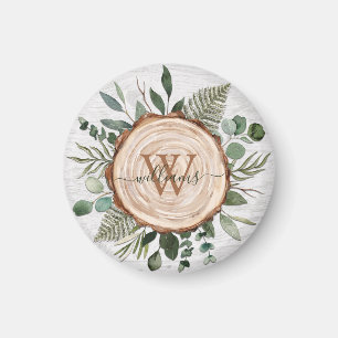 Monogram Watercolor Rustic Wood Slice and Foliage Magnet