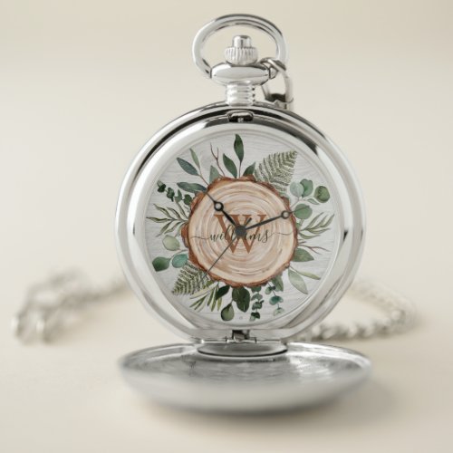 Monogram Watercolor Rustic Wood Slice and Foliage Pocket Watch